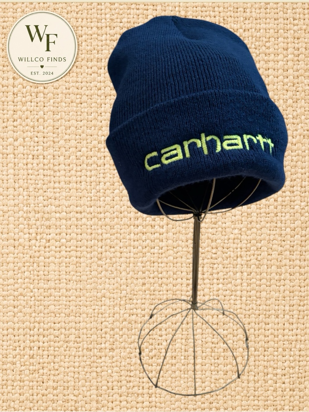 Carhartt Navy Blue Cuffed Knit Beanie Neon Green Embroidered Logo Unisex